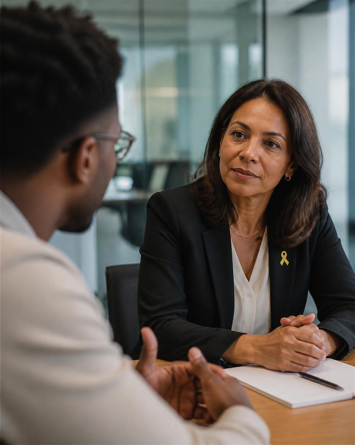 Liderança em diálogo com colaboradora · escuta ativa no trabalho