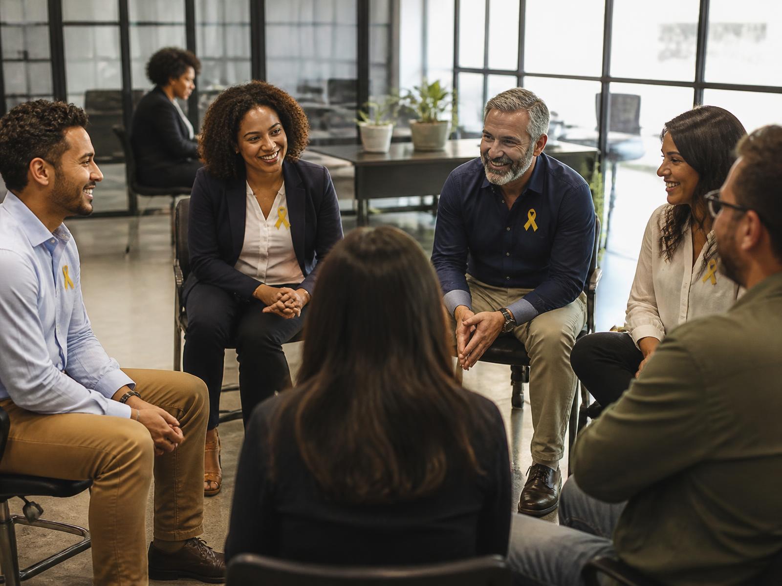 Colaboradores em roda de conversa institucional · escuta organizacional